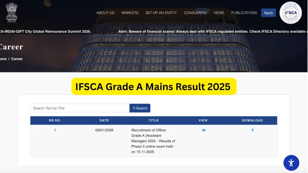 IFSCA Grade A Mains Result 2025